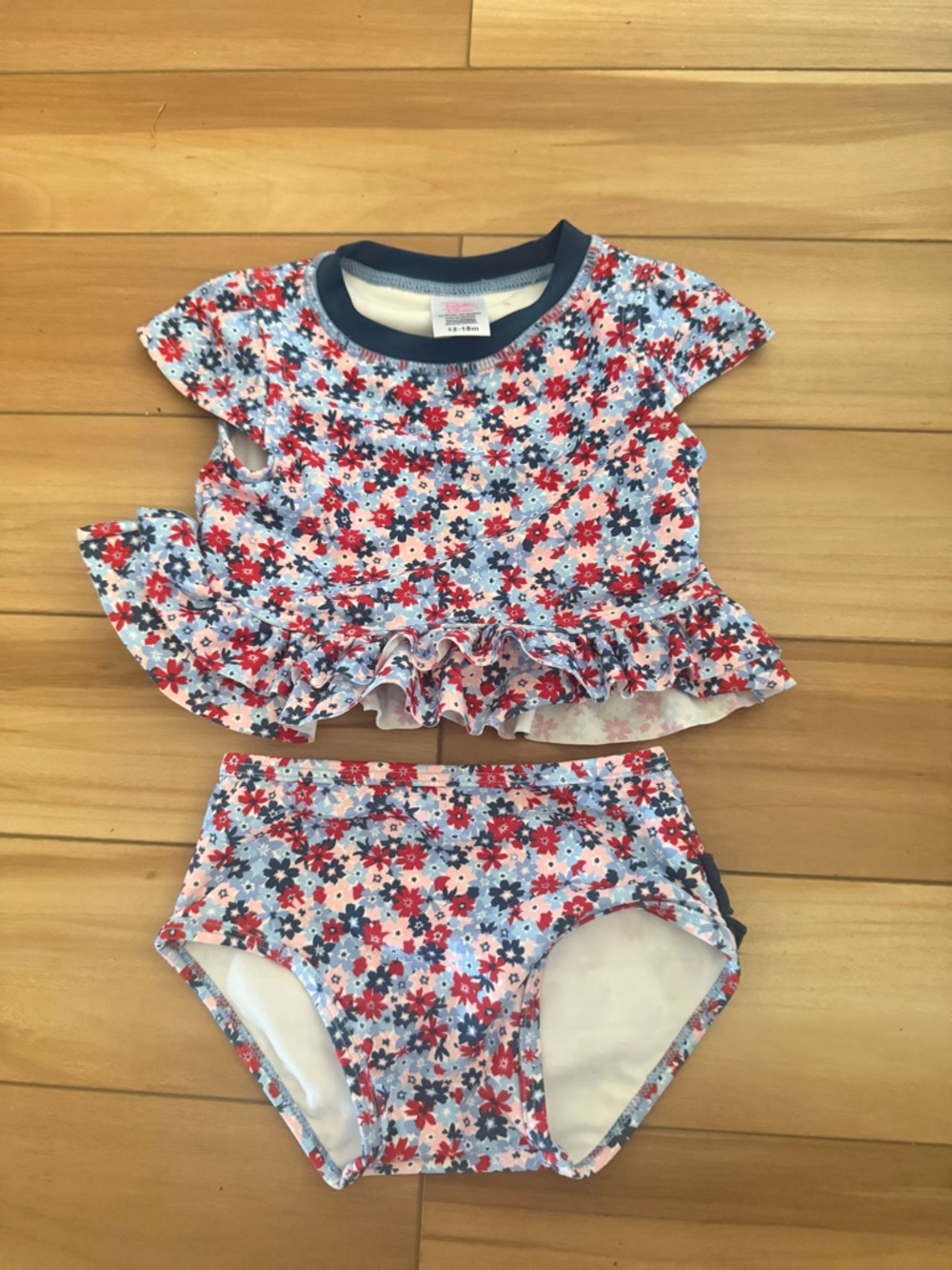 Ruffle Butts Girls Floral Two-Piece Swim Set - Red, Blue & White